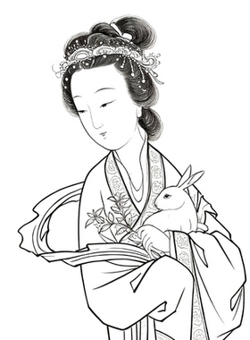 工笔画底稿工笔人物周佐月神图 嫦娥抱玉兔参考白描78#打印稿