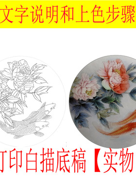 工笔画底稿牡丹鲤鱼团扇小品白描10#打印稿宣纸稿有文字和步骤图