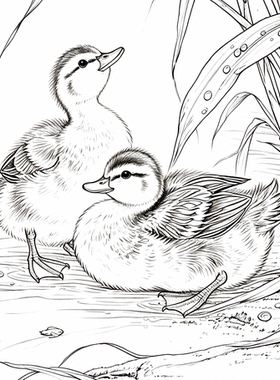 工笔画底稿工笔花鸟乳鸭图参考白描65#打印稿4张组合