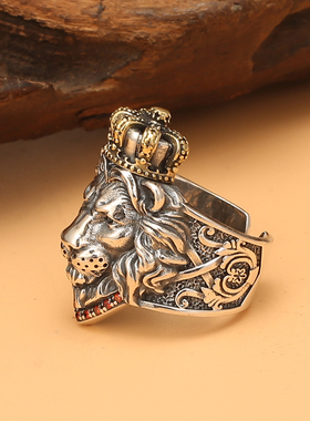 s925纯银皇冠雄狮男士朋克风指环