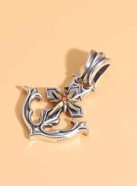 通体S925纯银日韩潮流镶红钻船锚吊坠男女款泰银复古时尚项链挂坠