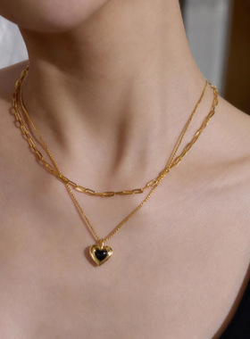 复古双层叠戴黑玛瑙爱心项链