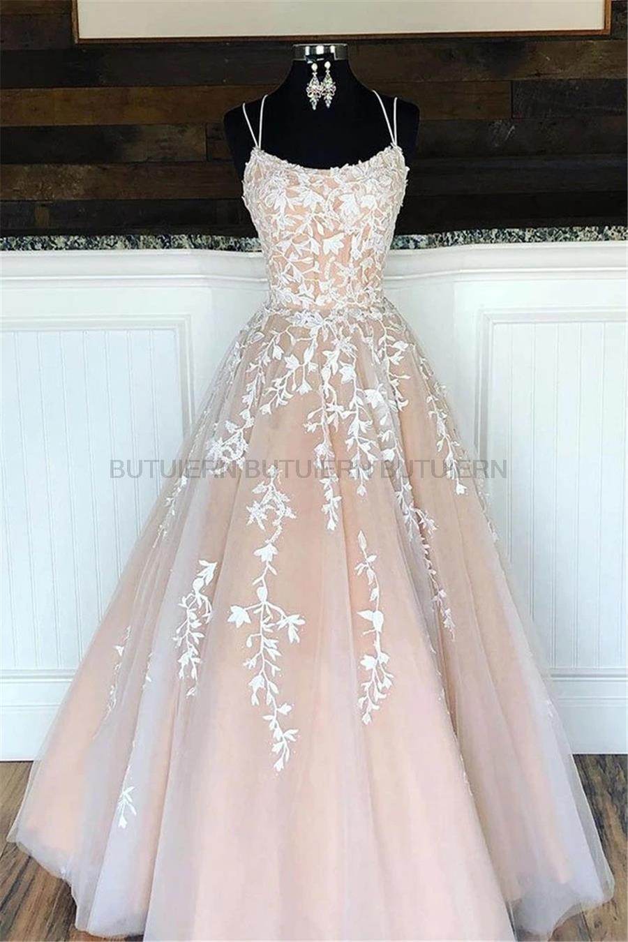 2022 Lilac Lace Prom Dresses Spaghetti Straps Vestido De Fie-图0