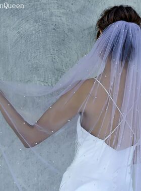 TOPQUEEN Light Purple Imitation Pearl Bridal Veil Soft Tulle