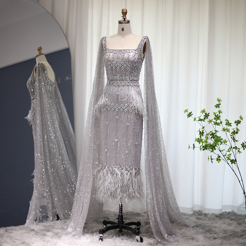 Bling Gray Mermaid Arabic Evening Dress with Cape Luxury Fea - 图1