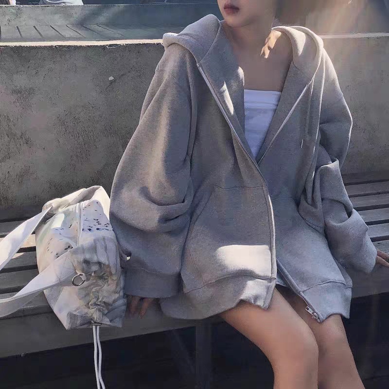 Oversize Women Hoodies 2022 New Casual Solid Zip Up Hooded S-图1