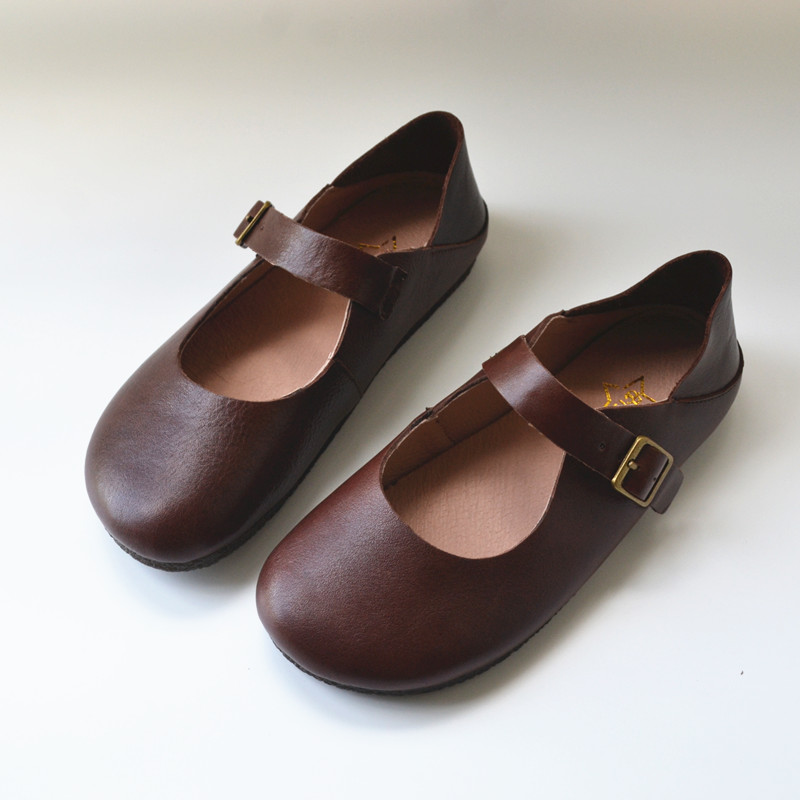 真皮复古文艺女森系日式风软底奶奶鞋一脚蹬大头外贸原单鞋玛丽珍 - 图1