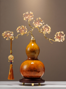 天然黄水晶紫水晶石葫芦摆件招财