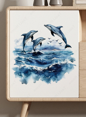 LANAN 海豚翻浪马桶贴卫浴装饰海洋风格动物印花防水材质墙贴壁纸