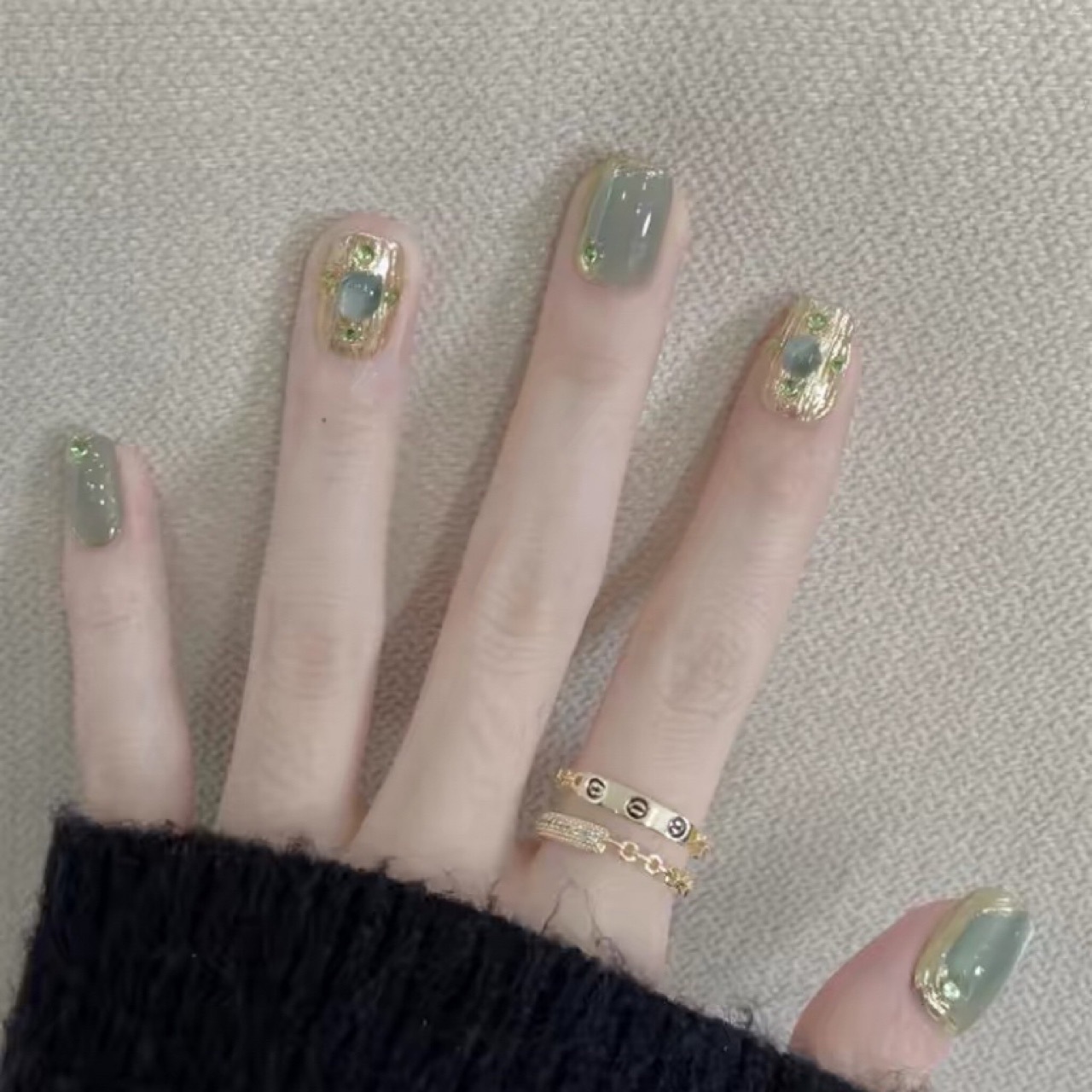 绿色布契拉提葡萄绿钻法式带钻重工显白夏日纯手工光疗穿戴美甲 - 图1