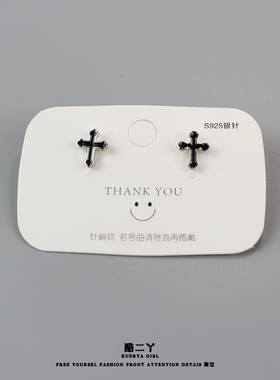 银针黑色十字架耳环朋克潮流耳钉