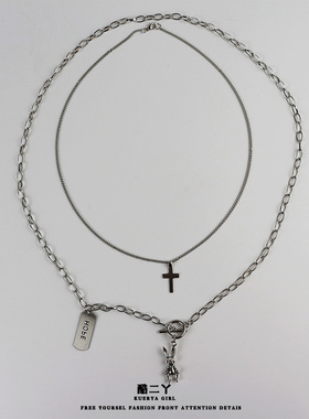 双层十字架项链男甜酷兔子卫衣链