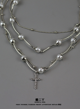 时尚新款多层珍珠十字架项链颈链