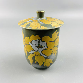 .T4 Box No.1 Japanese Return Kutani Yaki Ryōsen Couple Cup Cover Cup Repainted Gold Peony Flower Couple Couple