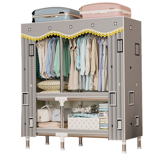 Einfache Garderobe für Schlafzimmer zu Hause, Kleiderschränke aus Stoff für Miethäuser, Stahlrohre mit Ganzstahlrahmen, verdickte und verstärkte Lagerschränke