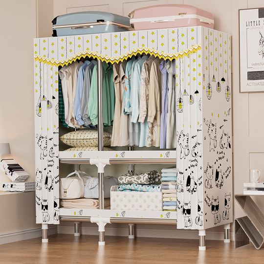 Einfache Garderobe für Schlafzimmer zu Hause, Kleiderschränke aus Stoff für Miethäuser, Stahlrohre mit Ganzstahlrahmen, verdickte und verstärkte Lagerschränke