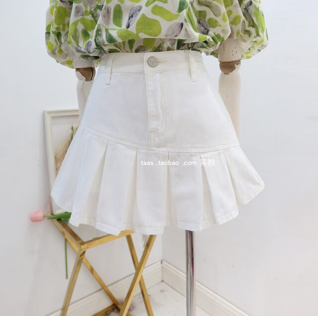ສິ້ນ pleated ສູງ ແອວ ສູງ ເກົາຫຼີ ຝຣັ່ງ ສີ ຂາວ
