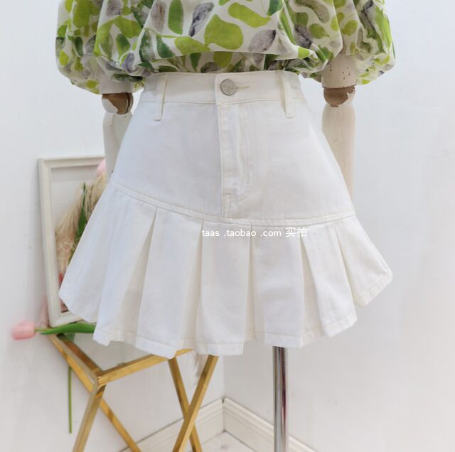 ສິ້ນ pleated ສູງ ແອວ ສູງ ເກົາຫຼີ ຝຣັ່ງ ສີ ຂາວ