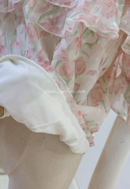 ເສື້ອຢືດ chiffon ຄໍດຽວແບບຝຣັ່ງ ruffled