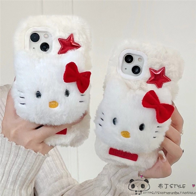 秋冬毛绒适用iPhone15pro手机壳Kitty猫14pro少女max立体13mini网红11苹果12小红书7plus女se2毛茸茸x8r酷6s - 图0