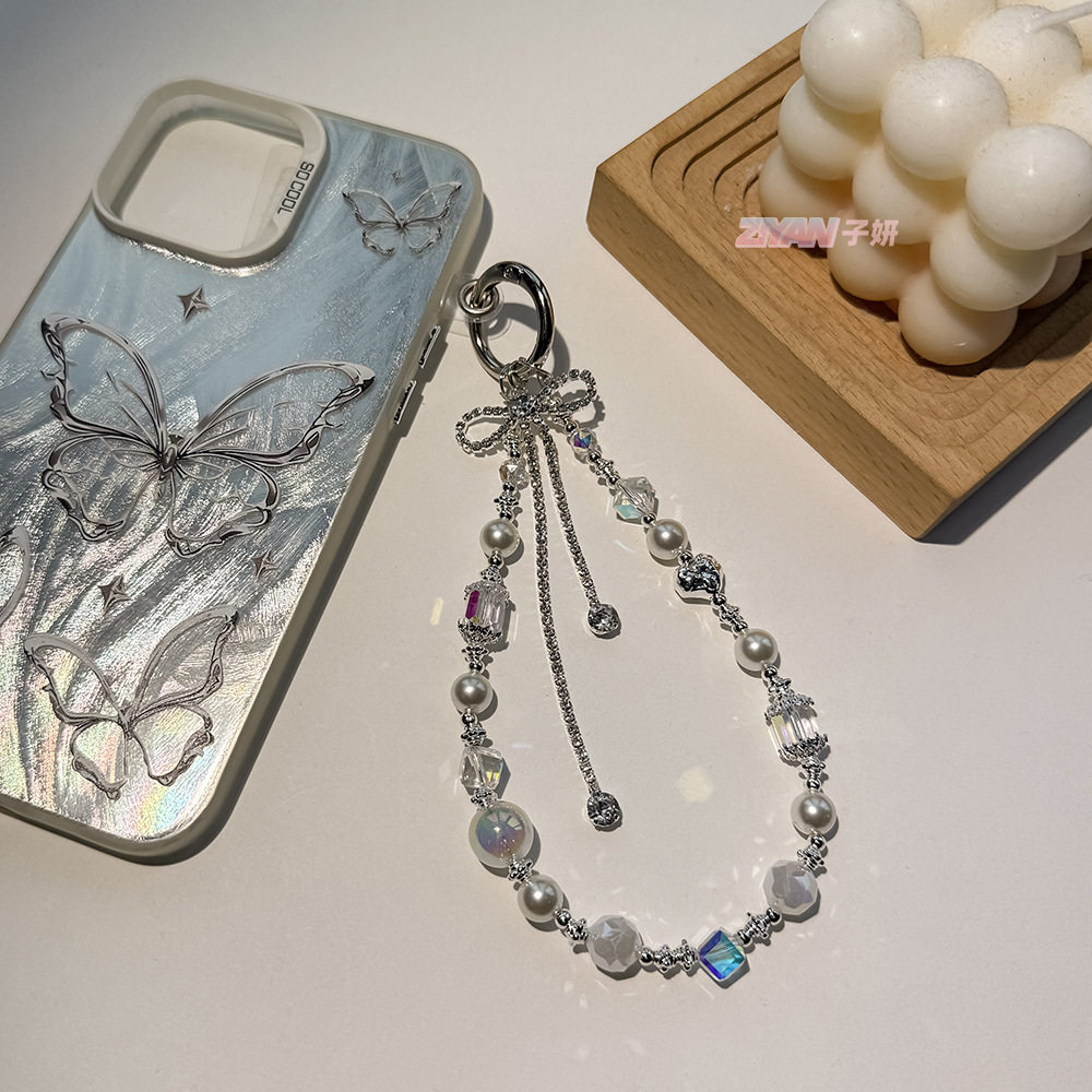 Clove 水钻蝴蝶结流苏手机链短款珍珠水晶钥匙扣精致包挂件高级女,淘宝优惠券,粉丝福利购,淘宝优惠卷