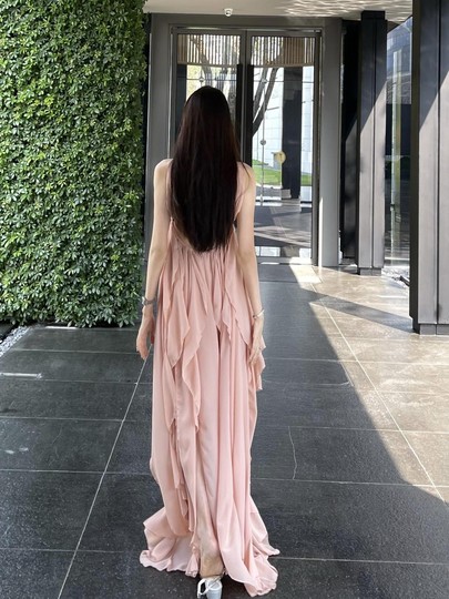 Halter neck strapless backless irregular chiffon dress