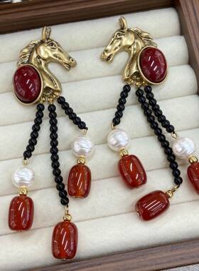 复古美拉德红玛瑙马头套装 黑金珠流苏项链耳环两件套中古国风重