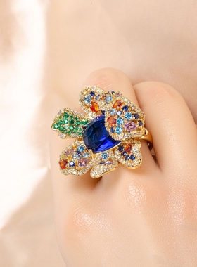 法式轻奢立体锆石花朵开口戒指女名媛风花卉食指戒轻奢可调节戒圈