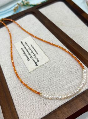 日韩小众简约闪亮桔红锆石淡水珍珠串珠日常百搭通勤项链锁骨链女