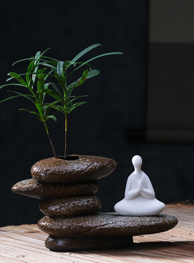 禅意紫砂水培花器茶席无相佛摆件
