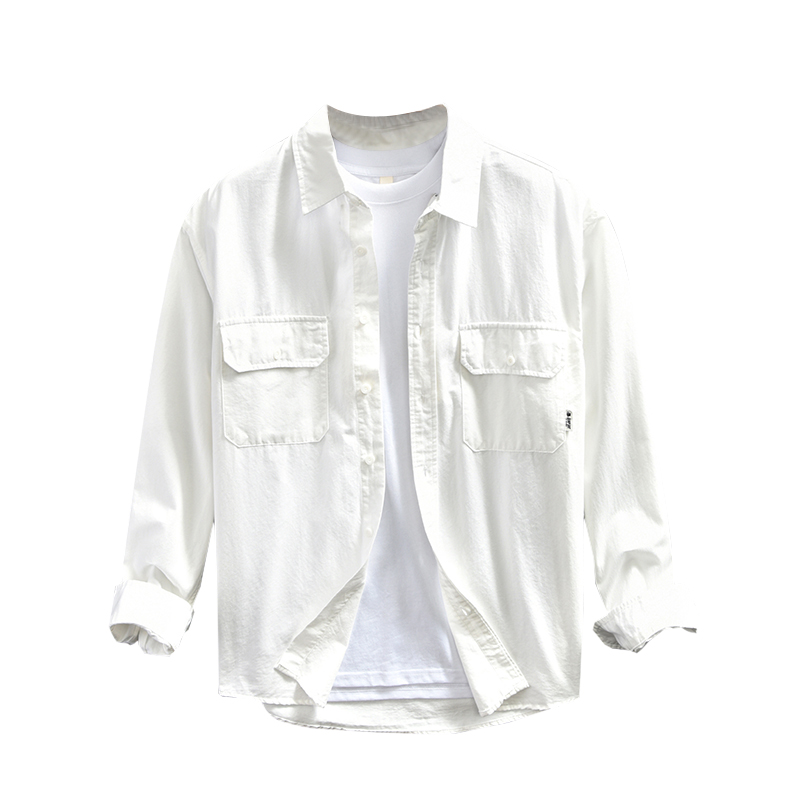 日系简约男士长袖衬衫白色全棉翻领上衣开衫衬衣休闲工装寸衫外套-图3