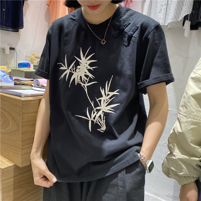 TYJR夏季2024新款女装新中式国风宽松圆领刺绣印花短袖T恤女97316 - 图0