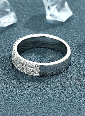 半圈钻三排莫桑钻纯银戒指