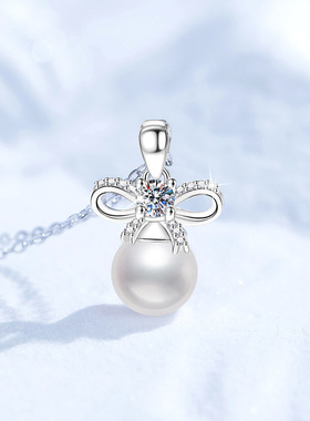 蝴蝶结珍珠莫桑钻纯银吊坠项链