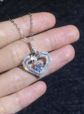 S925纯银双重爱心莫桑钻吊坠项链