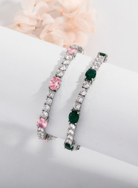 绿色粉色彩宝锆石满钻网球链