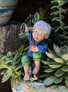 跨境新品钓鱼男孩摆件创意家居盆栽景观插件树脂人物雕像工艺品