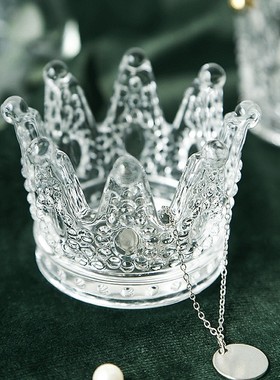 欧式ins轻奢风项链戒指收纳碟玻璃浮雕烛台皇冠描金工艺装饰摆件