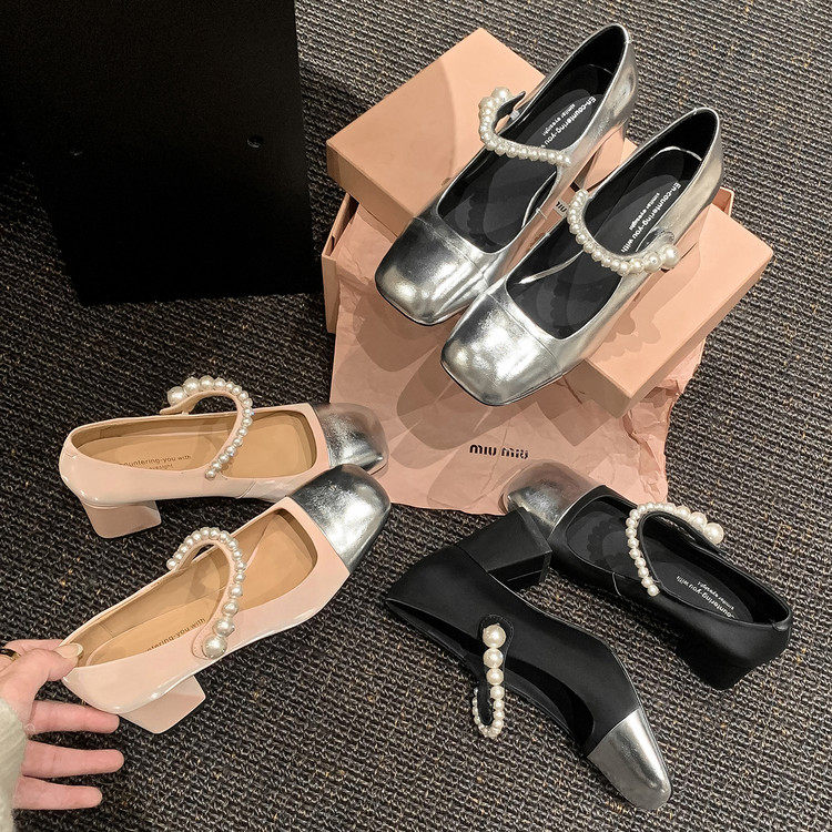 法式2026新款小香风鞋子粗跟方头玛丽珍鞋女珍珠一字带拼色高跟鞋,淘宝优惠券,粉丝福利购,淘宝优惠卷