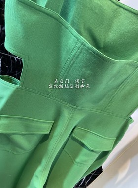 潮款显瘦重工刺绣绿色高腰背带裤