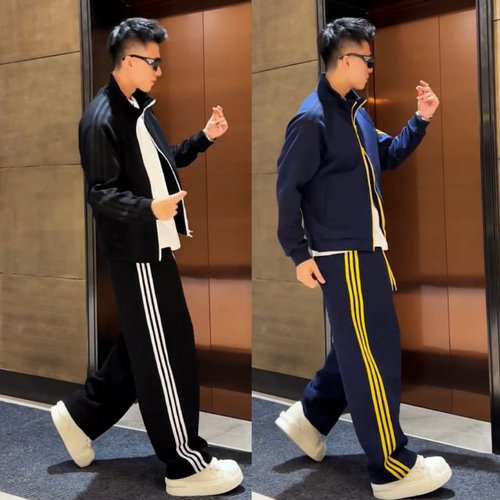 秋季美式潮牌条纹撞色空气层休闲套装男士立领夹克外套长裤两件套 - 图1