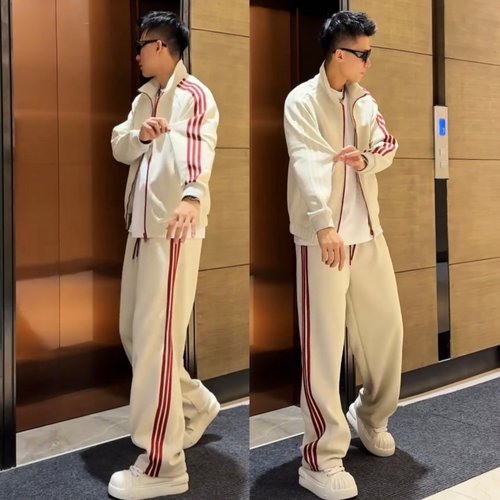 秋季美式潮牌条纹撞色空气层休闲套装男士立领夹克外套长裤两件套 - 图2
