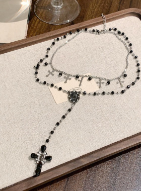 新款串珠十字架长项链哥特风朋克个性锁骨链轻奢小众高级感颈链女