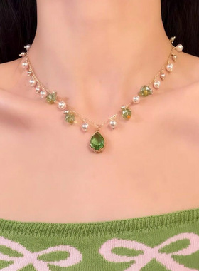 韩国东大门2026新款爆款绿色玻璃水滴项链小清新气质高级感锁骨链