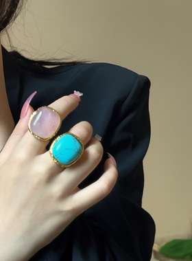韩国新款中古几何石头戒指高级感vintage粉色夸张食指戒小众首饰
