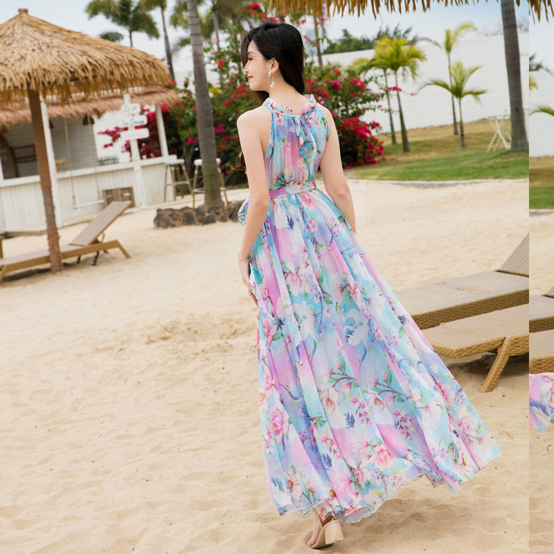雪纺长裙沙滩裙吊带女夏大摆无袖超长挂脖印花连衣裙旅游度假裙子,淘宝优惠券,粉丝福利购,淘宝优惠卷