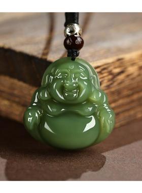 新疆高端和田玉吊坠女款冰种深晴水弥勒佛玉佩湖水绿色佛公锁骨链