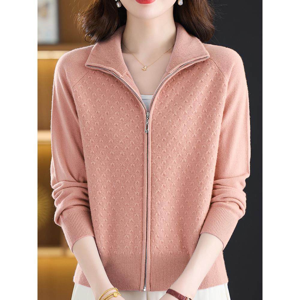 洋气中年妈妈100%纯羊绒毛衣女拉炼开衫秋冬翻领针织衫外套女上衣,淘宝优惠券,粉丝福利购,淘宝优惠卷