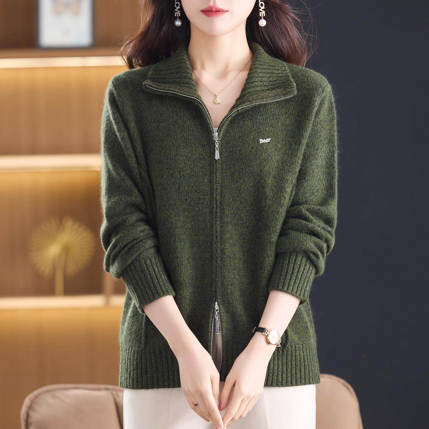 高端100%纯羊毛开衫女加厚秋冬2025新款拉链翻领保暖妈妈毛衣外套,淘宝优惠券,粉丝福利购,淘宝优惠卷