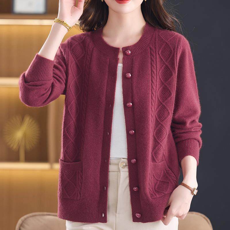 洋气中年妈妈100%纯羊绒毛衣女开衫秋冬加厚针织衫外套女纯色上衣,淘宝优惠券,粉丝福利购,淘宝优惠卷